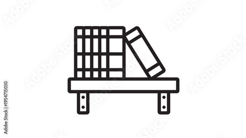 Bookshelf icon with stacked books and one leaning against them, representing library or education in a simple line art style.