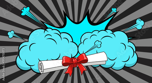 Retro Comic Style Graduation Diploma Scroll with Red Ribbon on Pop Art Burst Background