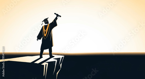 Silhouette of Graduate Holding Diploma on Cliff Edge at Sunrise, Concept of Academic Success and Future Goals