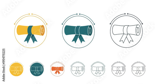 Graduation Diploma Scroll Icon Set with Circular Arrows for Education and Certification. Vector Symbols for Degree, Achievement, and E-Learning in Flat and Line Styles.