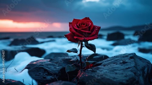 A vibrant red rose on rocks against a sea and sunset sky