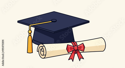 Black Graduation Cap with Gold Tassel and Rolled Diploma with Red Ribbon Illustration for Academic Achievement and Education Concept
