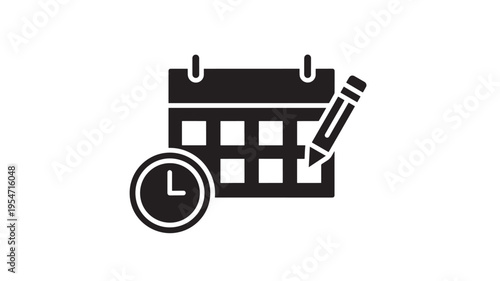 Calendar icon with a clock and pencil, representing scheduling, planning, and time management activities.