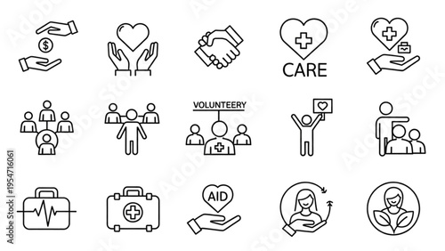 Vector icon sheet illustrating various social care and volunteer icons for humanitarian aid