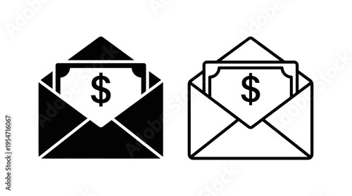 Minimalist envelope with dollar bill icons, solid and outline styles, symbolizing payments, transactions, payroll, banking, financial correspondence.
