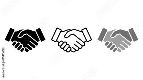 Minimalist handshake icons, solid, outline, grayscale styles, symbolizing agreement, partnership, cooperation, trust, collaboration, unity, mutual understanding.