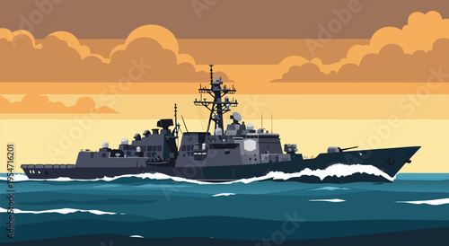 A striking vector illustration of a powerful naval destroyer cutting through the ocean waves under a dramatic sky, perfect for maritime themes