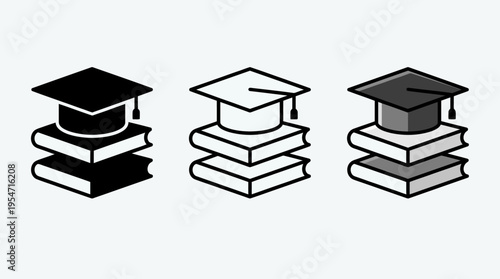 Minimalist graduation cap and books icons, solid, outline, shaded styles, symbolizing education, learning, achievement, schools, universities, academic success.