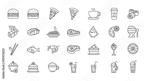 Vector Icon Sheet of Various Food and Drink Items on Display
