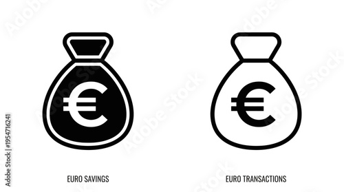 Minimalist euro currency money bag icons, solid and outline styles, representing finance, savings, wealth, banking, transactions, modern design clarity.