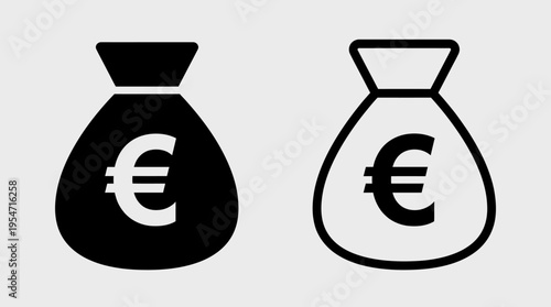 Minimalist euro currency money bag icons, solid and outline styles, representing finance, savings, wealth, banking, transactions, modern design clarity.