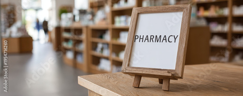 Pharmacy sign on wooden frame with blurred shelves and products in background