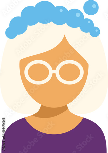 Woman with blonde hair and glasses washing hair with blue shampoo bubbles