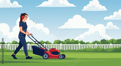 Female with Lawnmower mowing lawn in garden, cartoon vector illustration, healthy lifestyle concept with green grass and white fence