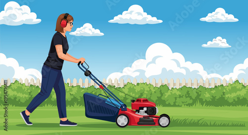 Vector illustration of a woman wearing headphones while mowing the lawn on a sunny day with green grass and trees in the background