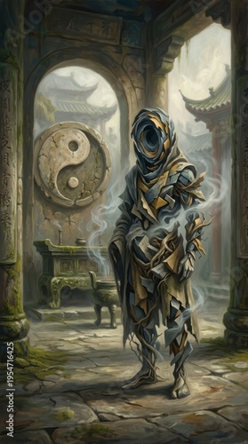 Mystical Figure in Ancient Temple Mystical Figure Ancient Temple Yinyang Spiritual Fantasy. Concept featuring mystical, figure, ancient, temple, yinyang for professional commercial design.