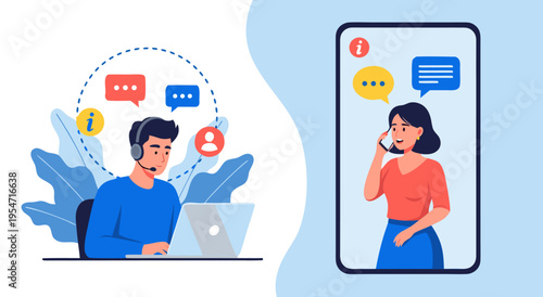 Customer service illustration and communication concept vector, a man with headset works on laptop while a woman talks on phone, vector illustration