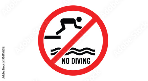 A clear vector graphic illustration of a red circular no diving warning sign for pools.
