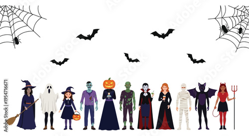 A diverse group of people celebrating Halloween in various spooky costumes with bats and spiderwebs vector illustration.