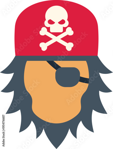 Pirate head wearing a red bandana with a skull and crossbones, an eyepatch, and beard