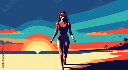 Vector illustration of a woman walking on the beach at sunset, vibrant colors, summer vacation vibes, tropical paradise, carefree enjoyment, outdoor leisure activity