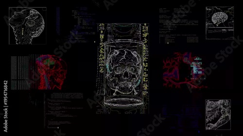 Cyberpunk interface cyber implants of the spine and skull. Biometric analysis. The terminal code.
