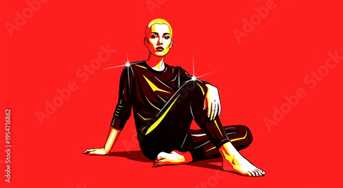 Striking Vector Illustration of a Fashionable Woman Posing Confidently on a Bold Red Background