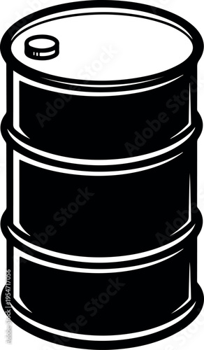 3D rendering of a black and white industrial oil drum barrel isolated on white background