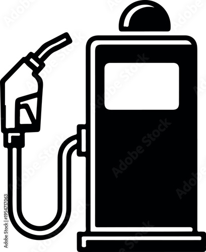 Black and white gas pump icon with fuel nozzle connected for energy or transportation concept