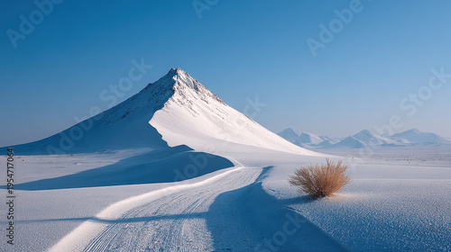 Solitary hill in bright, peaceful snowfield with clear blue sky