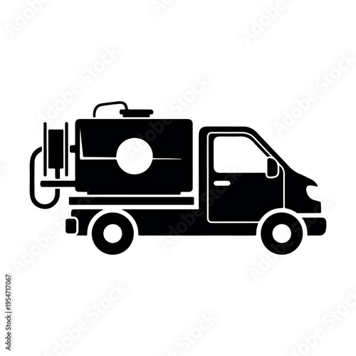 Black and white line art of mobile coffee or food truck with espresso machine and steam