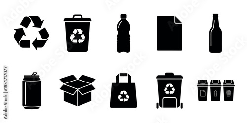 Collection of black silhouette icons representing recycling, trash cans, bottles, a box, a bag, and a can on a white background, symbolizing waste management and environmental responsibility.