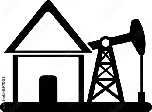Black and white oil pumpjack and house icon for energy industry and real estate concept