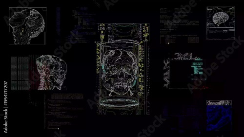 Cyberpunk holographic skull scanning with cyber implants. Cyberpunk digital interface cyber implants anatomy.