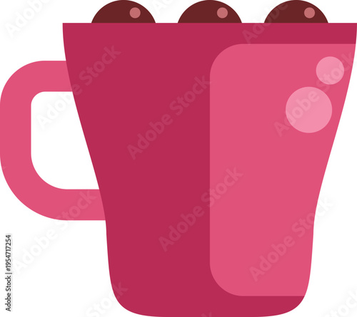 Pink mug holding a warm chocolate drink, topped with dark chocolate marshmallows