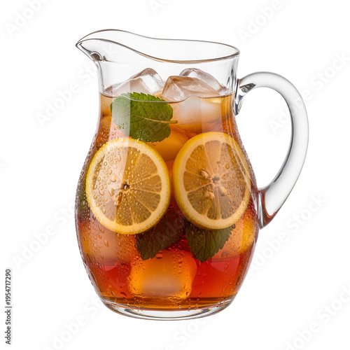 A glass pitcher filled with iced tea and lemons on transparent background