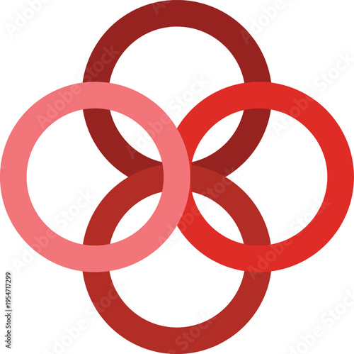 Four interlocking rings in varying shades of red and pink forming a vibrant abstract design