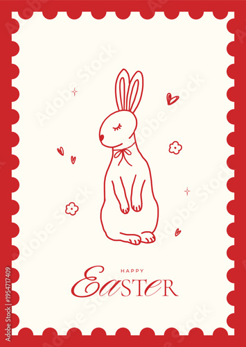 Easter greeting card in vintage coquette style with doodle hand drawn bunny. Vector design template for poster, invitation, banner, ads, branding, cover, label