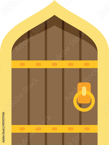 Medieval wooden door with gold archway and handle depicting an entrance or exit