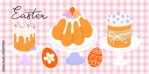 Cute Easter greeting banner, card, cover with doodle hand drawn Easter cakes, eggs and typography design on checkered bakground. Modern art template