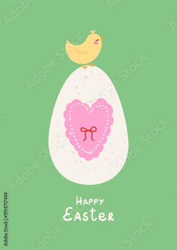 Cute Easter greeting card or poster with  egg, chicken and heart on green background. Vector design template in trendy Whimsical doodle hand drawn style