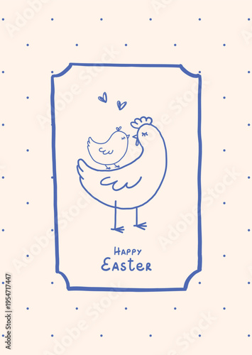 Easter greeting card with chickens in whimsical vintage doodle hand drawn style. Vector design template for poster, invitation, banner, cover, label