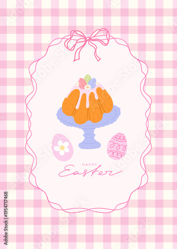 Cute Easter greeting card with Easter cake, eggs, bows and whimsical border frame on checkered background. Vector design in trendy doodle hand drawn style