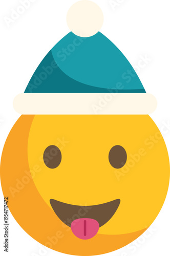 Smiling emoji wearing a teal winter hat with a pompom and sticking out its tongue
