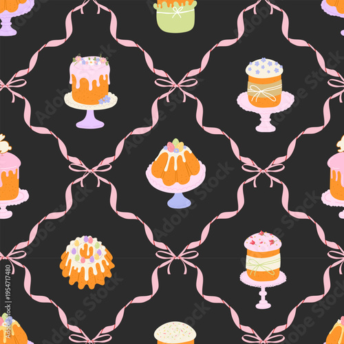 Seamless Easter pattern with traditional cakes kulich and paska on cake stands with pink ribbons in hand drawn doodle style. Vector dark background for wrapping paper textile and festive decor