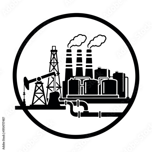 oil rig industrial facility with smoke emissions in circular badge design vector illustration