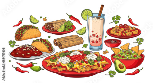 Vibrant Mexican Food Fiesta: Tacos, Nachos, Burritos, Guacamole & Drink