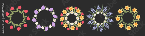 Spring floral wreaths, round frames and borders set with hand drawn tulips, daffodils, crocuses and bluebells flowers. Decorative botanical elements collection for card, poster, invitation, packaging