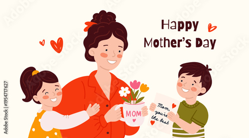 Happy Mother's Day Banner, Greeting Card with Kids Giving Flowers to Mom. Family Celebration and Gratitude Concept. Flat Vector Style