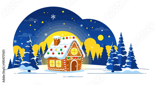 Whimsical Gingerbread House in Snowy Winter Landscape at Night